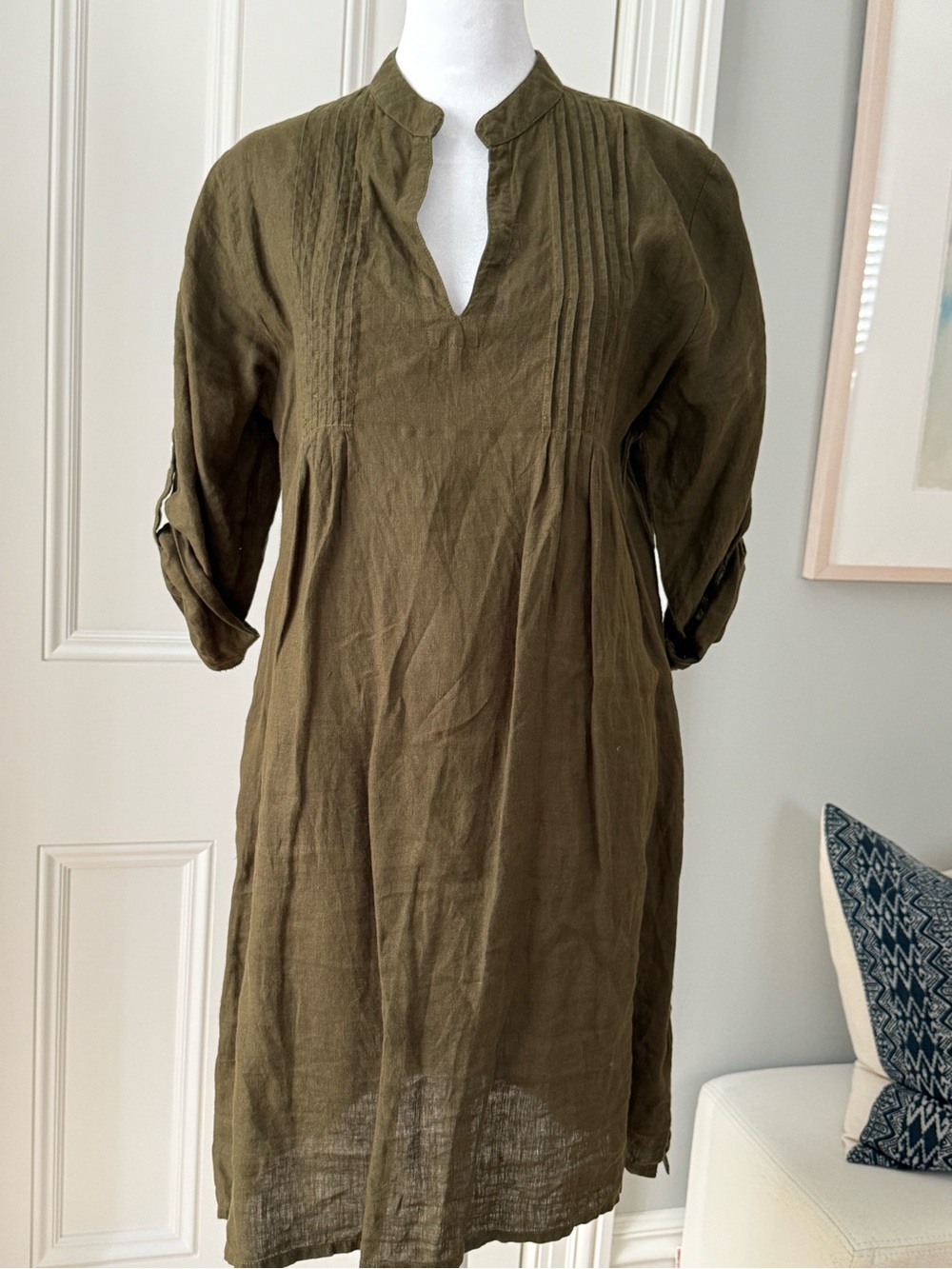 Madison Mathews (Charleston) Olive Green Linen Mini Dress - Tunic Style